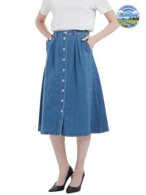 A-Line Long Midi Denim Skirt Button Front Pleated Cotton